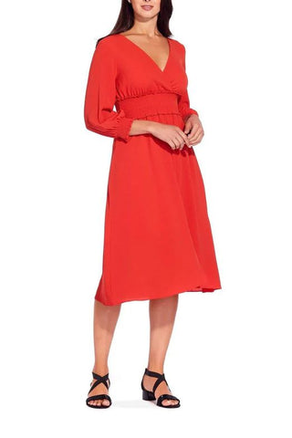 Adrianna Papell V-Neck 3/4 Sleeve Ruched Flutter Solid Polyester Dress - By Baano