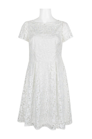 Adrianna Papell Boat Neck Short Sleeve A-Line Box Pleat Zipper Back Embroidered Dress - By Baano