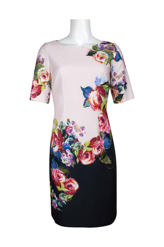 Adrianna Papell Boat Neck Short Sleeve Sheath Zipper Back Floral Print Jersey Dress - By Baano