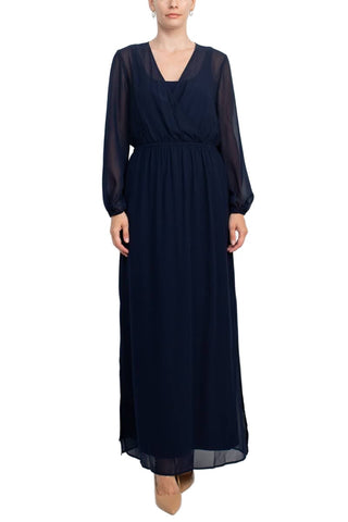 Adrianna Papell V-Neck Illusion Elastic Cuff Long Sleeve Slit Side Chiffon Dress - By Baano