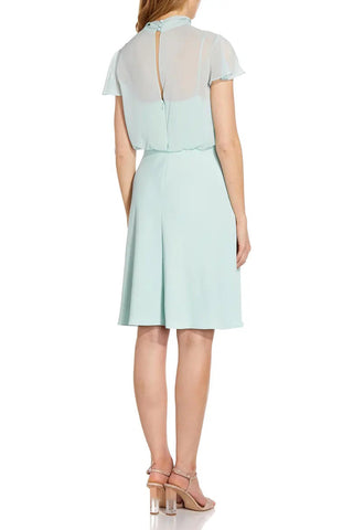 Adrianna Papell Tie Neck Illusion Sleeve Keyhole Back A-Line Crepe Chiffon Dress - By Baano