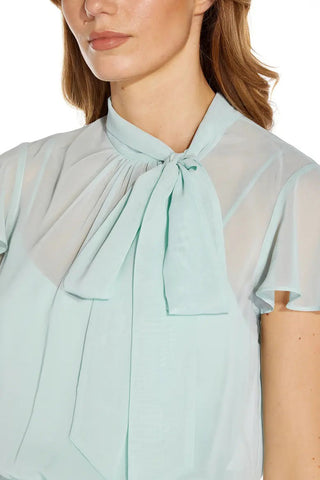 Adrianna Papell Tie Neck Illusion Sleeve Keyhole Back A-Line Crepe Chiffon Dress - By Baano