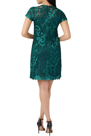 Adrianna Papell Illusion Crew Neck Short Sleeve Sheath Zipper Back Lace Dress - By Baano