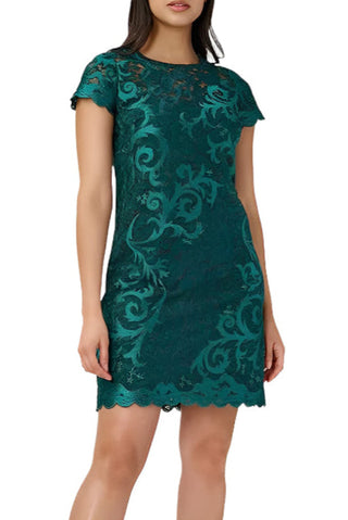 Adrianna Papell Illusion Crew Neck Short Sleeve Sheath Zipper Back Lace Dress - By Baano