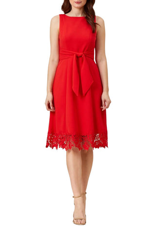 Adrianna Papell Day Stretch Knit Crepe Midi-Length Fit and Flare Crepe Dress with Lace Trim - By Baano