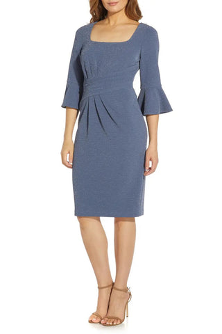 Adrianna Papell Square Neck 3/4 Bell Sleeves Back Zipper Knee Length Metallic Knit Dress - By Baano