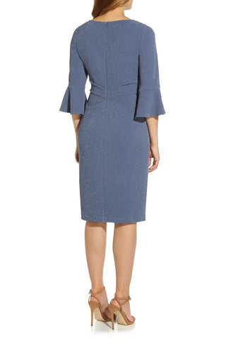 Adrianna Papell Square Neck 3/4 Bell Sleeves Back Zipper Knee Length Metallic Knit Dress - By Baano