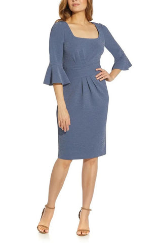 Adrianna Papell Square Neck 3/4 Bell Sleeves Back Zipper Knee Length Metallic Knit Dress - By Baano
