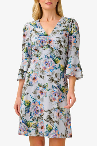 Adrianna Papell Day V Neck 3/4 Bell Sleeves Back Zipper Short Chiffon Dress - By Baano
