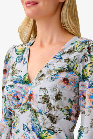 Adrianna Papell Day V Neck 3/4 Bell Sleeves Back Zipper Short Chiffon Dress - By Baano