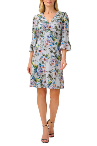 Adrianna Papell Day V Neck 3/4 Bell Sleeves Back Zipper Short Chiffon Dress - By Baano