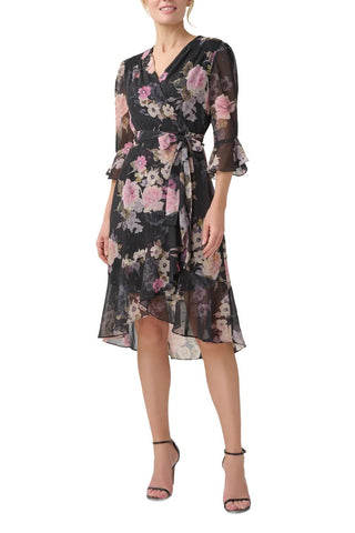 Adrianna Papell V-Neck 3/4 Circular Sleeve Tie Waist Chiffon Dress - By Baano