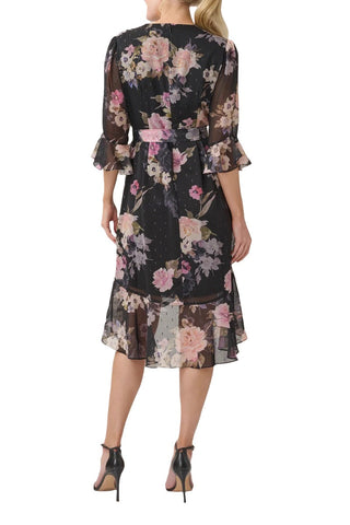 Adrianna Papell V-Neck 3/4 Circular Sleeve Tie Waist Chiffon Dress - By Baano