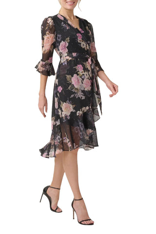 Adrianna Papell V-Neck 3/4 Circular Sleeve Tie Waist Chiffon Dress - By Baano
