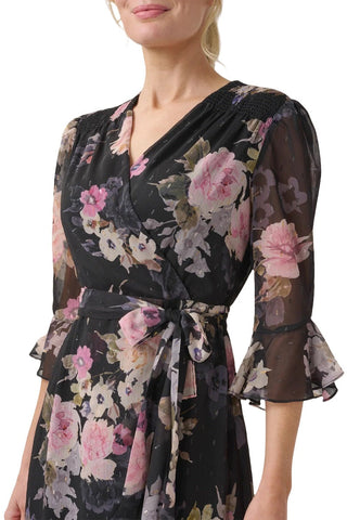 Adrianna Papell V-Neck 3/4 Circular Sleeve Tie Waist Chiffon Dress - By Baano