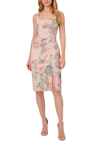 Adrianna Papell Square Neck Sleeveless Gathered Side Slit Front Zipper Back Matelassé Dress - By Baano