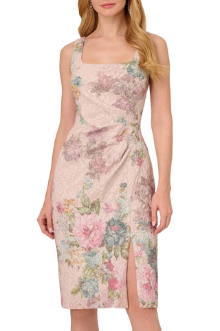 Adrianna Papell Square Neck Sleeveless Gathered Side Slit Front Zipper Back Matelassé Dress - By Baano