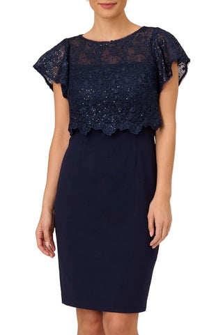 Adrianna Papell Illusion Crew Neck Cap Sleeve Lace Top Blouson Crepe Dress - By Baano