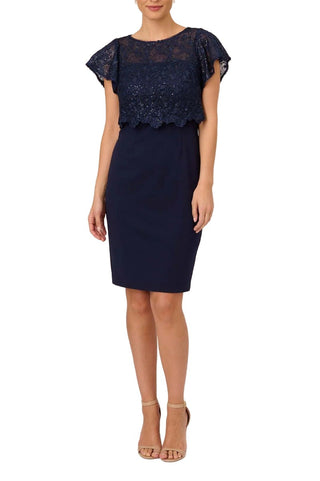 Adrianna Papell Illusion Crew Neck Cap Sleeve Lace Top Blouson Crepe Dress - By Baano