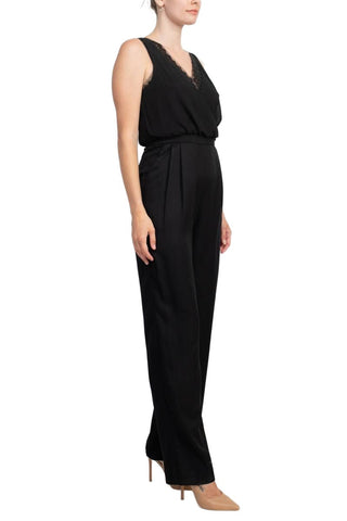 Adrianna Papell Scalloped V-Neck Sleeveless Zipper Back Solid Mesh Chiffon Jumpsuit - By Baano