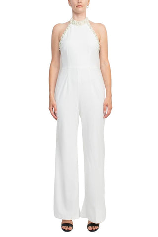 Adrianna Papell Embellished Halter Neck Open Zipper Back Solid Stretch Knit Crepe Jumpsuit - By Baano