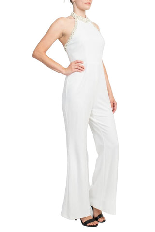 Adrianna Papell Embellished Halter Neck Open Zipper Back Solid Stretch Knit Crepe Jumpsuit - By Baano