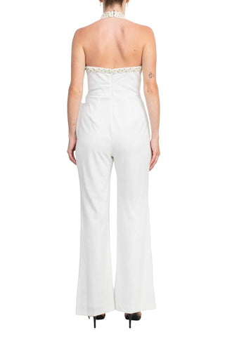 Adrianna Papell Embellished Halter Neck Open Zipper Back Solid Stretch Knit Crepe Jumpsuit - By Baano