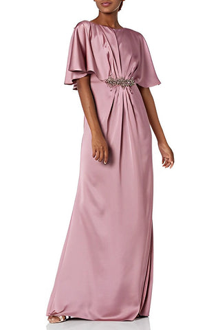 Adrianna Papell Boat Neck Short Sleeve Pleated Brooch Front Zipper Back Satin Dress - By Baano
