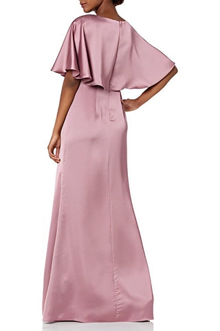 Adrianna Papell Boat Neck Short Sleeve Pleated Brooch Front Zipper Back Satin Dress - By Baano