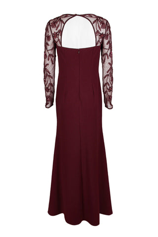 Adrianna Papell Square Neck Embellished Trumpet Long Sleeve Cutout Back Zipper Back Mesh Gown - By Baano