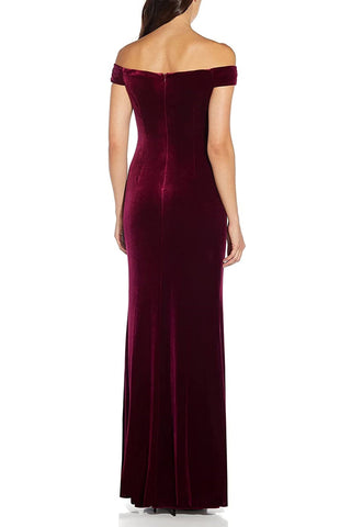 Adrianna Papell Off Shoulder Pleated Front Zipper Back Velvet Dress - By Baano