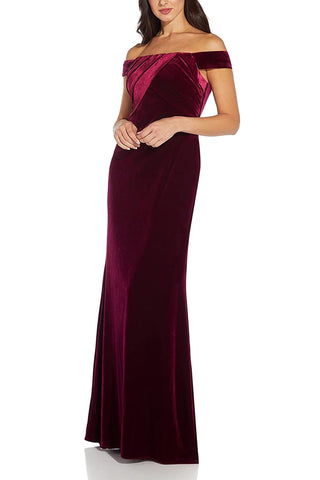Adrianna Papell Off Shoulder Pleated Front Zipper Back Velvet Dress - By Baano