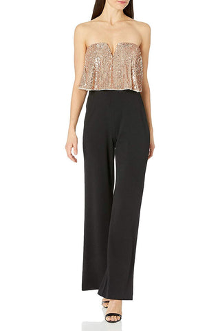 Adrianna Papell Strapless Popover Zipper Back Embellished Mesh Bodice Stretch Crepe Jumpsuit