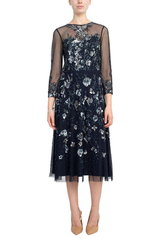 Adrianna Papell Crew Neck 3/4 Sleeves Back Zipper Beaded Floral Dress - By Baano