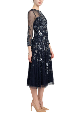 Adrianna Papell Crew Neck 3/4 Sleeves Back Zipper Beaded Floral Dress - By Baano