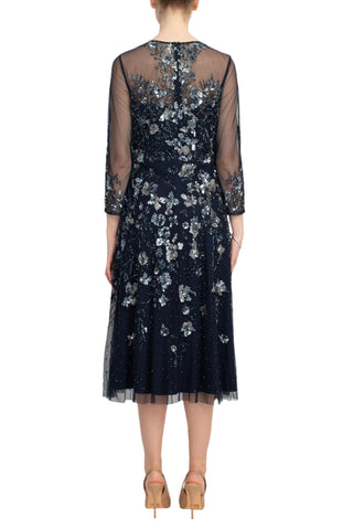 Adrianna Papell Crew Neck 3/4 Sleeves Back Zipper Beaded Floral Dress - By Baano