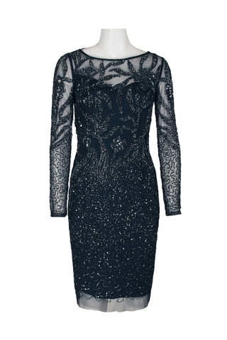Adrianna Papell Boat Neck Long Sleeve Illusion Sequined Beaded Zipper Back Bodycon Mesh Dress - By Baano