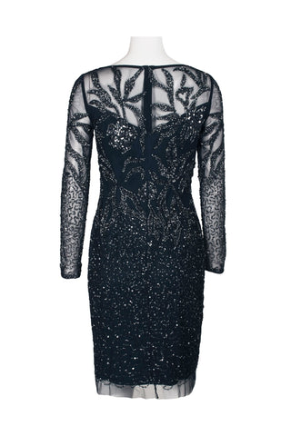 Adrianna Papell Boat Neck Long Sleeve Illusion Sequined Beaded Zipper Back Bodycon Mesh Dress - By Baano