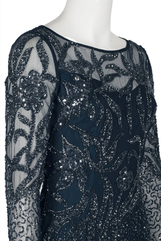 Adrianna Papell Boat Neck Long Sleeve Illusion Sequined Beaded Zipper Back Bodycon Mesh Dress - By Baano
