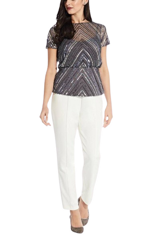 Adrianna Papell Boat Neck Short Sleeve Blouson Illusion Zipper Back Beaded Mesh Top - By Baano