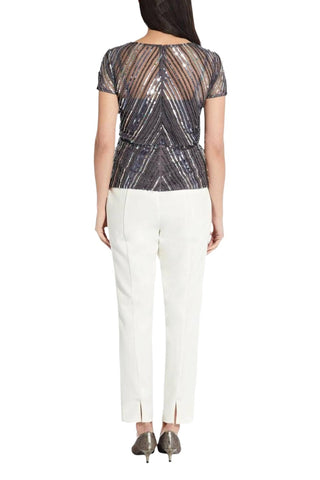 Adrianna Papell Boat Neck Short Sleeve Blouson Illusion Zipper Back Beaded Mesh Top - By Baano