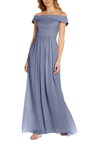 Adrianna Papell Off Shoulder Zipper Back Ruched Piping Detail Crepe Chiffon Dress - By Baano