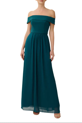 Adrianna Papell Off Shoulder Zipper Back Ruched Piping Detail Crepe Chiffon Dress - By Baano