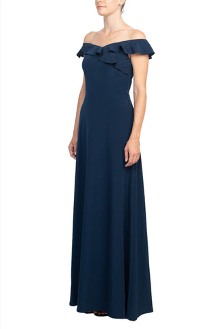 Adrianna Papell Off Shoulder Ruffled Sleeveless Zipper Back Solid Full-Length Dress - By Baano