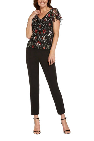 Adrianna Papell V-Neck Illusion Short Sleeves Beaded Sequined Mesh Top - By Baano