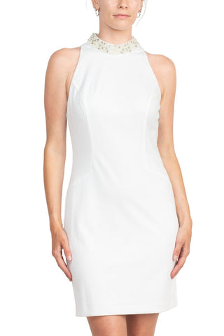 Adrianna Papell Hand Beaded Halter Neck Bodycon Zipper Back Solid Crepe Dress - By Baano