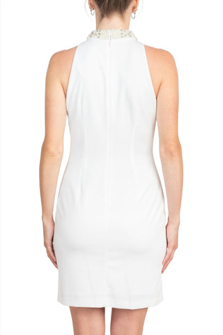 Adrianna Papell Hand Beaded Halter Neck Bodycon Zipper Back Solid Crepe Dress - By Baano