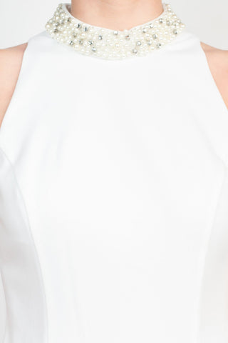 Adrianna Papell Hand Beaded Halter Neck Bodycon Zipper Back Solid Crepe Dress - By Baano