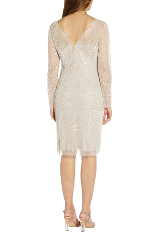 Adrianna Papell Illusion Boat Neck Long Sleeve Embellished Zipper Back Mesh Dress - By Baano