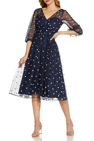 Adrianna Papell Surplice V-Neck Back Zipper 3/4 Sleeves Beaded Midi Dress - By Baano